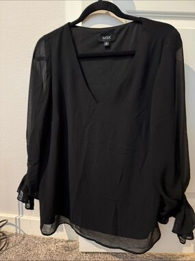 MSK Black V-Neck Sheer Sleeve Blouse